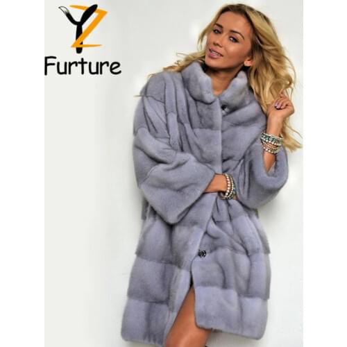 Women Winter Real Mink Fur Sapphire Color Coat 85CM Long Imported Natural Mink Fur Loose Jacket Stand-collar Customized Overcoat