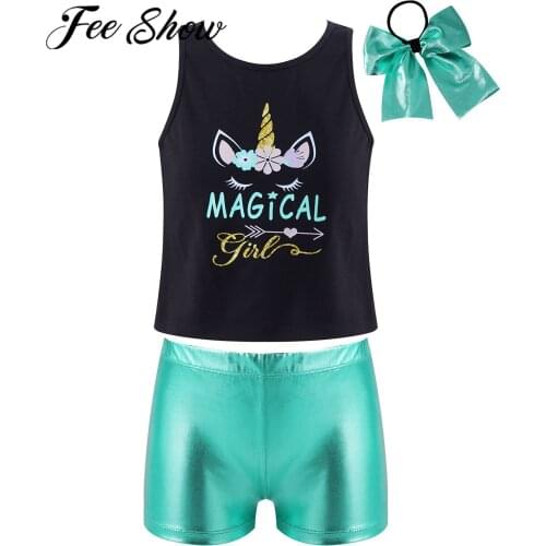 Kids Girls Ballet Dance Outfits Party Costumes Clothes Cartoon Horse Print Vest with Shiny Shorts and Headband for Dance Class