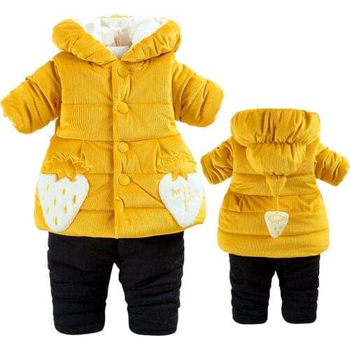 Winter Baby 2Pcs/Set Cotton Coat Girls Clothes Newborn 3-6-12M Add Cotton Super Warm Long Sleeve+Pant Infant Strawberry design
