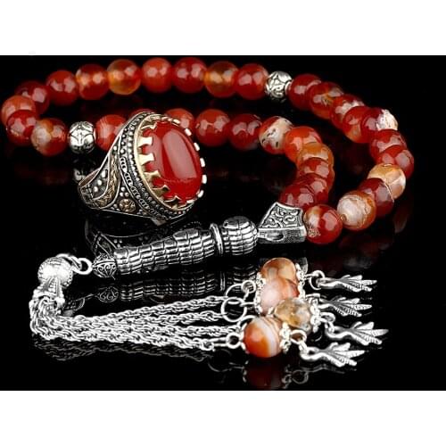 Agate 925 Sterling Silver Men Ring and Agate Rosary Men Jewelry Sets