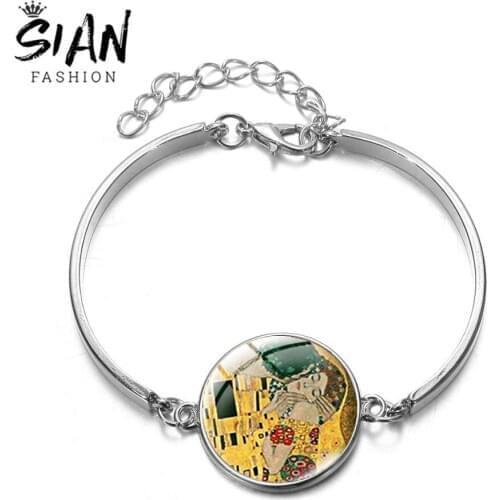 SIAN Famous Painting Gustav Klimt The Kiss Chain Bracelet Mother Kiss Baby Photoes Glass Time Gem Adjustable Chain Bangles Women