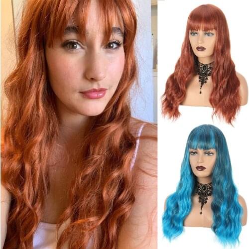 GURUILAGU Long Wavy Wigs for Women Heat Resistant Fiber Synthetic Hair Cosplay Wig With Bangs Copper Blue Black Women Wigs