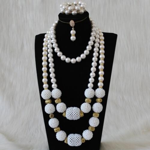 Dudo Jewelry Shell Pearl Jewelry Set African Beads Nigerian Wedding Necklace Set Big Balls White Jewellery Set With Gold Divider