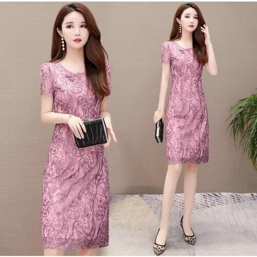 Plus Size 5XL Elegant Slim Embroidery Short Sleeve Knee-length A-line Mesh Chinese Style Women Dresses Party Vestido Robe 3259