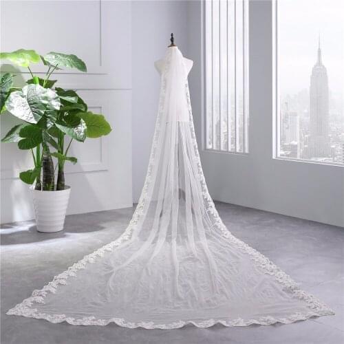 2020 new arrival white ivory sexy bridal veil one layer 350cm Lace Cathedral Wedding Veil With Comb Velos de novia