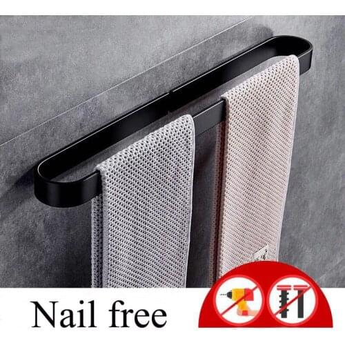 Nail Free Space Aluminum Solid Black Towel Bar Hanger Single Towel Bar Towel Holder Western Style Bathroom Accessories
