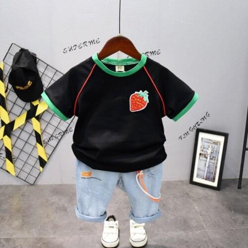 Summer Toddler Boys Sets Casual Strawberry Short Sleeve T-shrits Denim Shorts For Boy 2 3 4 5 6 Years Baby Boys Suits Child 2pcs