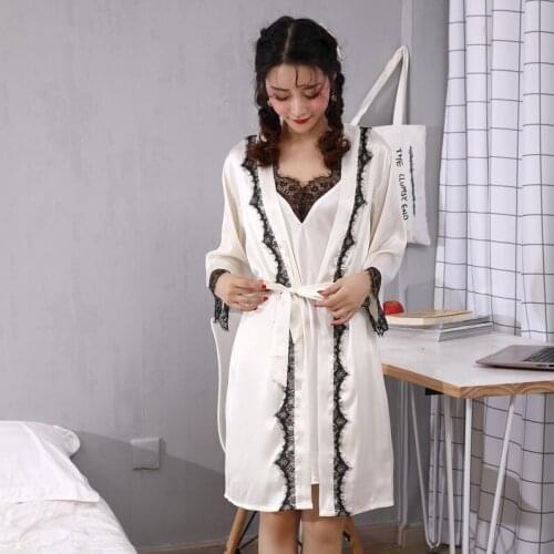 Summer Ice Silk Womens Sexy Nightdress Sling Nightgown Bathrobe Morning Gown Home Wear Robes 2Pcs Set Sleepwear Nightwear