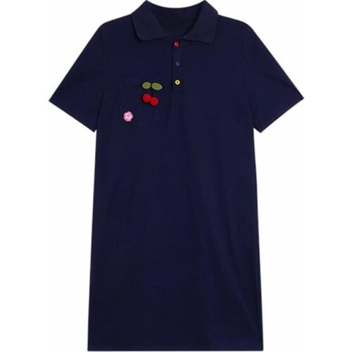 PERHAPS U Navy Turn Down Collar Polo Shirt Dress Pocket Short Mini Dress 3D Cherry Flower D1326