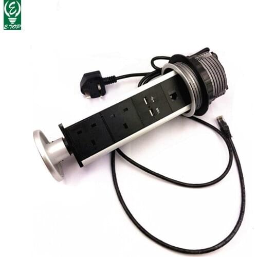 Multipurpose 2 UK Plugs + 2 USB +1 CAT6 Tensile Pop Up Power Tabletop Socket with LED Indicator All black body