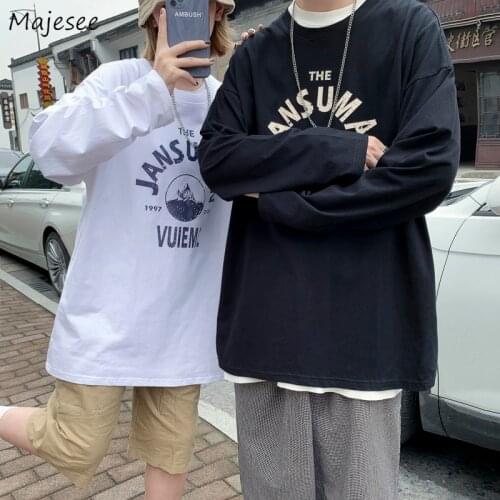 Long Sleeve T-shirts Men Letter Pattern Printed Unisex O-neck Casual Simple Couples Top Breathable Harajuku Fashion Autumn Basic