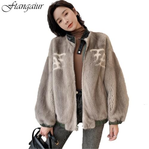 Ftangaiur 2020 Winter Imported Velvet Mink Fur Coat Print Letter Double Side Wear Womens Short Pure Natural Real Mink Fur Coats