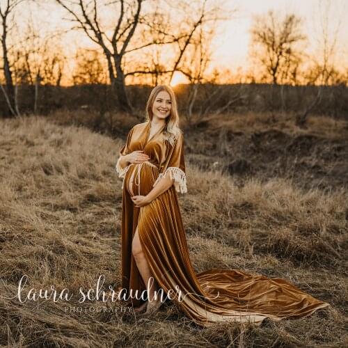 Maxi Long Bell Sleeves Front Split Maternity Dress Photo Shoot Pregnant Velvet Gown for Woman Photography Prop Baby Shower Gift