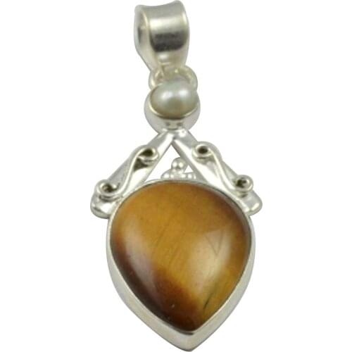 Lovegem Nature Tiger Eye & Pearl Pendant 925 Sterling Silver, 45 mm, MHBAP4942