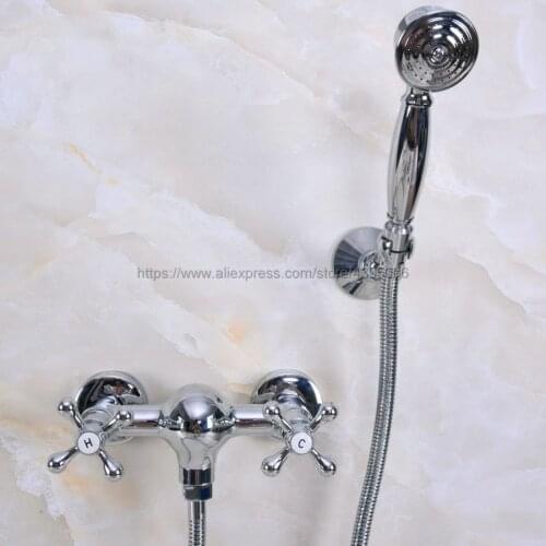 Polished Chrome Wall Mounted Bathroom Bath Faucet Mixer Tap Two Cross Handles with Hand Shower Bna278