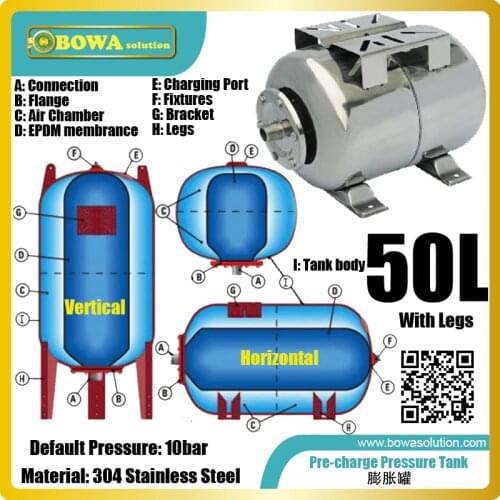 50L 304SS precharger pressure tankS are especially designed for safety requirements for industrial cooling and hydronic system