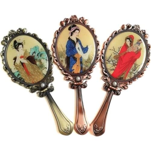 Handle Mirror Folding Chinese Tang Dynasty Character Comb Suit Retro Portable Makeup Mirror Foldable Desktop Princess Mirror