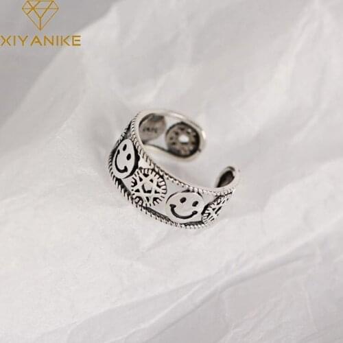 XIYANIKE 925 Sterling Silver Vintage Geometric Party Jewelry Wedding Couple Smile-Face Five-Pointed Star Creative Opening Rings