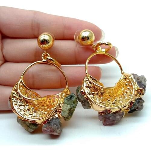 YYGEM Natural Multi Color Tourmaline Rough Pave Ring Bohemia Gold Color Stud Earrings