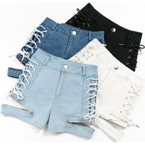 Y2K High Waist Women Denim Shortss Summer Cross Bandage Sexy Zipper Female Jeans Elastic Cotton A Line Korean Shorts Jean 2021