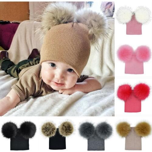 Winter Thick Woollen Cotton Caps Child Baby Boys Girls Beanie Hat Cap Winter Warm Double Fur Pom Bobble Knit