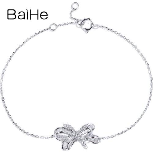 BAIHE Solid 18K White/Rose/Yellow Gold 0.20ct H/SI Natural Diamond Wedding Pulsera Trendy Fine Jewelry Bowknot Bracelet Women
