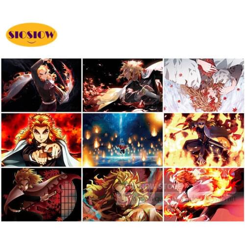 Demon Slayer Full Square Drill Diy Diamond Embroidery Kyoujurou Japanese Anime Cross Stitch Pictures Wall Decor Painting Artwork