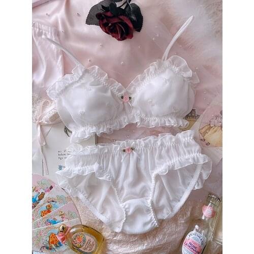 Wriufred Handmade Pearl Moon Pure White Lingerie Panty Girl Underwear No Steel Ring Lace Sexy Bra Briefs Set