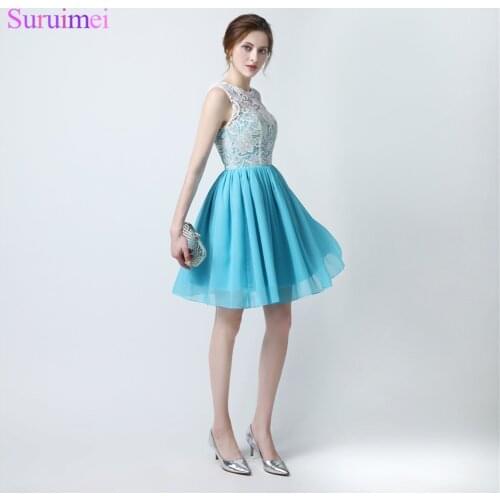 Short Lace Prom Gown Sky Blue With Ivory Lace Top Buttons Back See Through Chiffon Prom Dresses Girls Graduation Party Gown