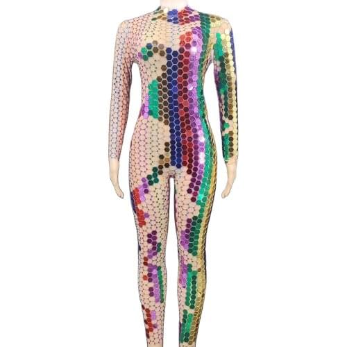 Multicolor Sparkling Hexagon Mirror Rhinestones Sequins Bodysuit Stage Wear Lady Nightclub Dance Show Wear Long Sleeve