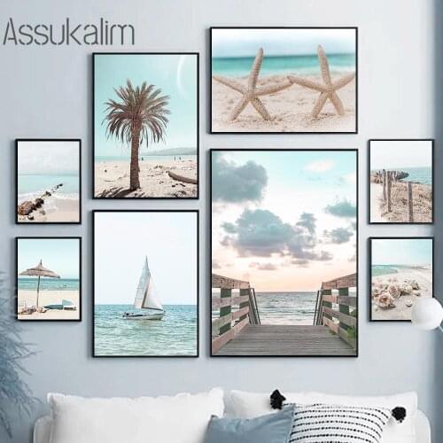 Ocean Boat Poster Beach Shell Starfish Canvas Print Landscape Wall Art Painting Nordic Wall Pictures For Living Room Decor