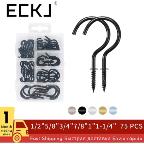 ECKJ 75pcs/set 6 Size Cup screw Hooks Wall Hanging Hooks Holder Iron Mark Hook Wood Self-tapping Screw Hook