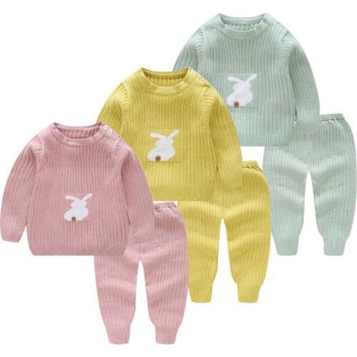 New Girls Boys Suit Cartoon Rabbit Baby Girls Clothing Sets Winter Knitting Pullover Sweater+Pants Infant Boys Knit Tracksuits
