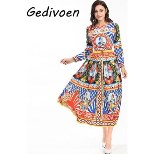 Gedivoen Autumn Fashion Woman Vintage Dress O-Neck Full Sleeve Print Beading Crystal Sequins Big Swing Ankle-Length Dresses