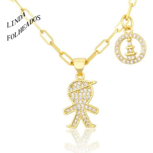 LINDA FOLHEADOS New Design Fashion Golden Child Round Tower Combination Copper Pendant Set Auger Boy Tags Necklace Jewelry Gifts