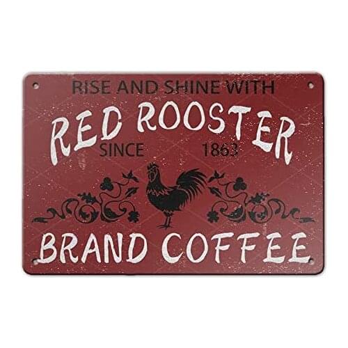 Rise and Shine with Red Rooster Retro Metal Sign Vintage Tin Sign for Plaque Poster Cafe Wall Art Sign Gift 12 X 8 inch