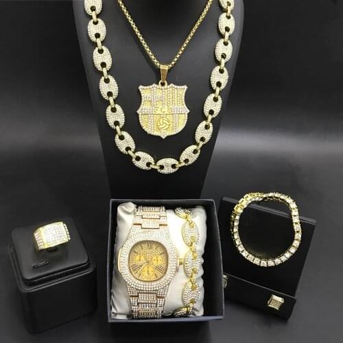 Luxury Men Gold Color Watch & Neckacle & Braclete & Ring & Earrings Combo Set Ice Out Cuban Jewerly In Crystal Neckalce For Men