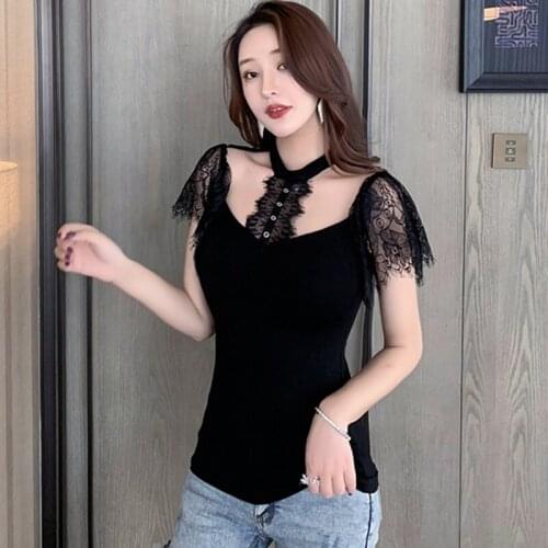 Sexy Hollow Out Black Halter T-shirts Women Lace Patchwork Gothic Punk Girls Female Tops Backless Summer T Shirt 2020