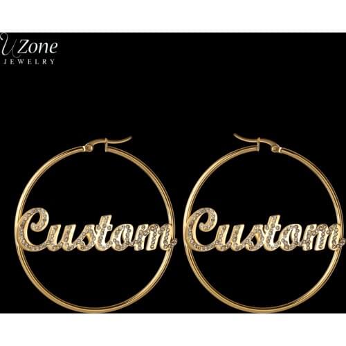 UZone Custom Name Full Diamonds Hoop Earrings Stainless Steel Personalised Letters Earrings for Women Girls Jewelry Party Gifts