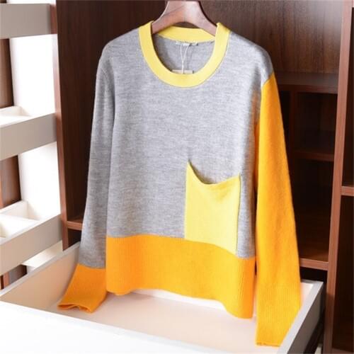 Wool polyamide blend knit women fashion contrast color patchwork Oneck pullover sweater XS-M retail wholesale