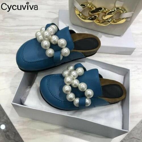 Designer Pearl Women Flat Half Slippers Round Toe Leather Summer Slides Thick Sole Outwear Lazy Causal Shoes Female Slippers