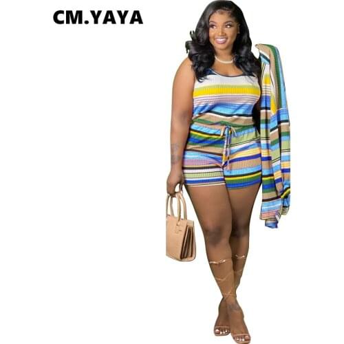 CM.YAYA Women Set Striped Sleeveless Strap Tops and Shorts 2 Piece Sets Fashion Streetweawr Casual Summer Outfits Without Coat