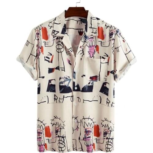 Comfy Trendy Short Sleeve Graffiti Printing Men Shirt Streerwear Summer Shirt Buttons for Party