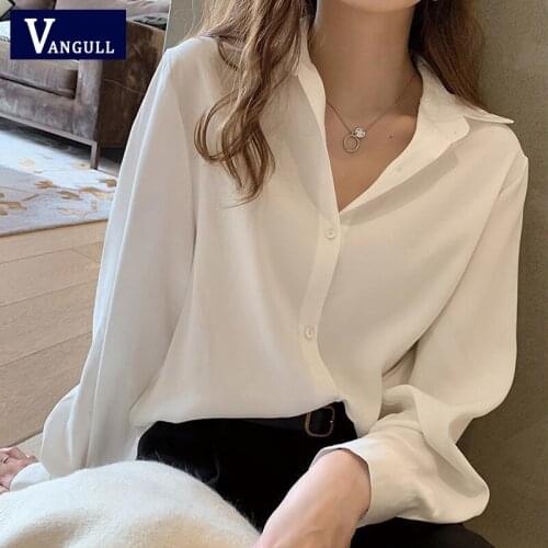 Vangull Casual Solid Shirts Women Turn-down Collar Loose Blouse Tops Elegant Workwear Ladies Single Breasted Shirt 2021 Spring