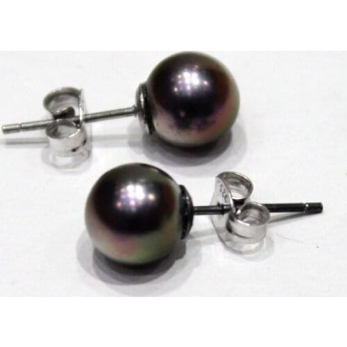 YINANYIMEI Fine Jewelry Black-Brown Round Freshwater Pearl Silver Earrings 7.5-8mm