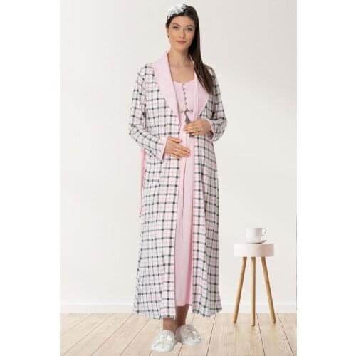 Womens Postpartum Nightgown Robe Set Plaid dressing gown Pink nightgown Maternity and postpartum wear