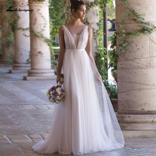 Lakshmigown Pleated Beach Wedding Dress with Plunging V-Neck and Deep V-Back 2021 Vestidos de Novia Boda Playa Sexy Bridal Gowns