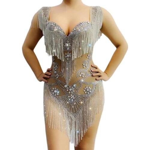 Women Gold Rhinestones Fringes Mesh Sexy Stage Tassel Bodysuit Birthday Celebrate Dress Costumes Outfit Prom Birthday Outfit