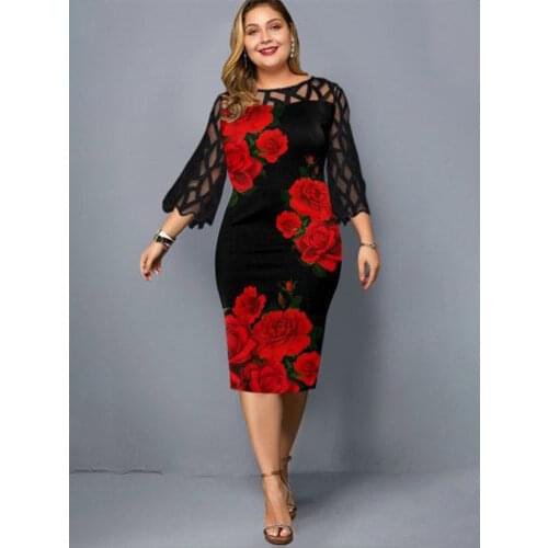 Mesh Dress Long Sleeve With Lace Plus Size Rose Hollow Out Casual Mesh Round Neck Oversized Summer Elegant Dress For Women 2021