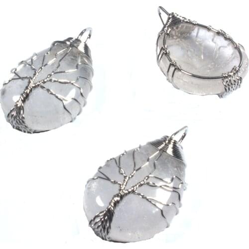 100-Unique 1 Pcs Silver Plated Wire Wrap Water Drop Natural Rock Crystal Pendant for Christmas Gift